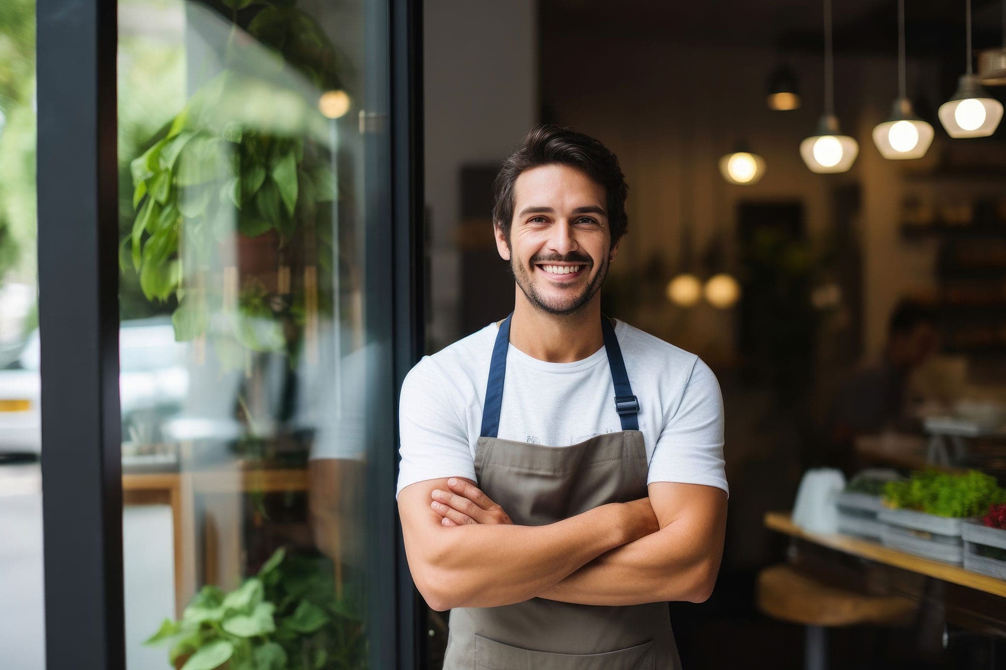 A smiling local shop owner in an apron, standing in the doorway of his storefront